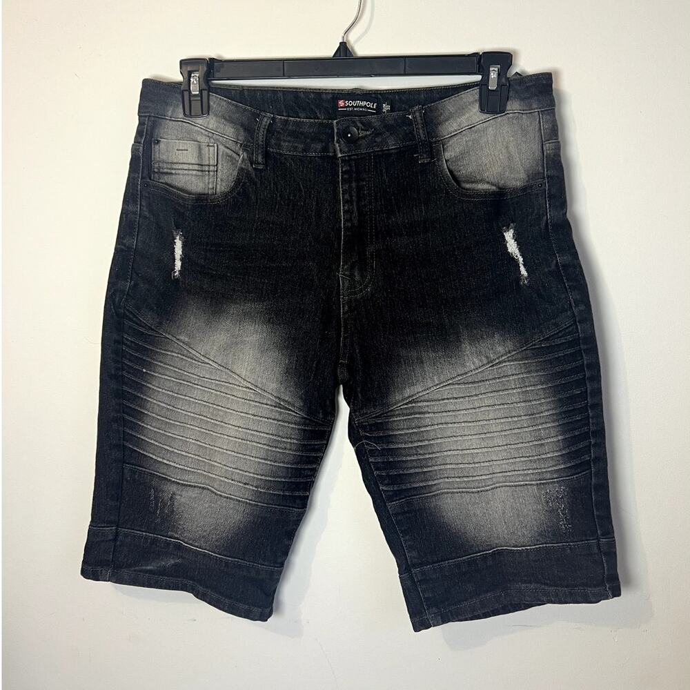 Southpole Mens Slim Fit Black Gray Distressed Moto Denim Shorts Size 32‎